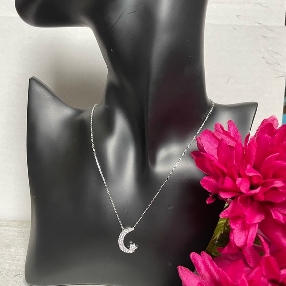 925 Sterling Silver Sparkling CZ moon with Star Necklace Charm Pendant celestial - Picture 4 of 5